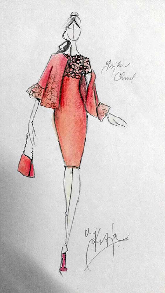 Pouzdrové šaty s krajkou a kabátkem<br> krajka macramé Chanel